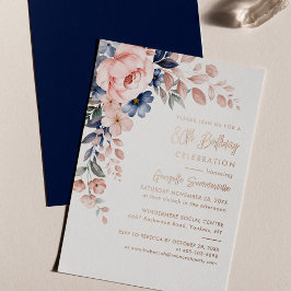 Invitación Con Relieve Metalizado Elegante floral azul rosado 80 cumpleaños fiesta d