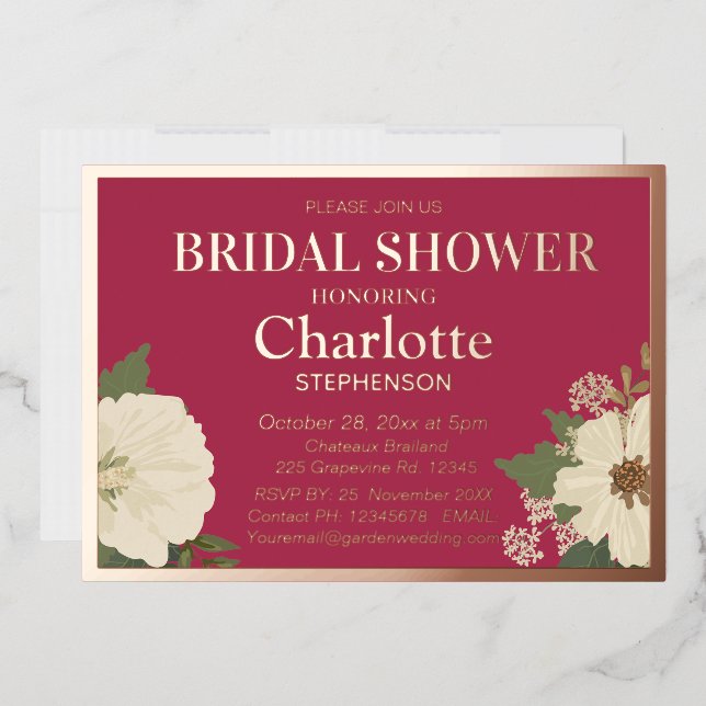 Invitación Con Relieve Metalizado Elegante Floral Blanca Floral Blooms Bridal Shower (Sobre)