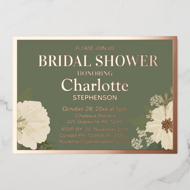 Invitación Con Relieve Metalizado Elegante Floral Blanca Floral Blooms Bridal Shower (Anverso)