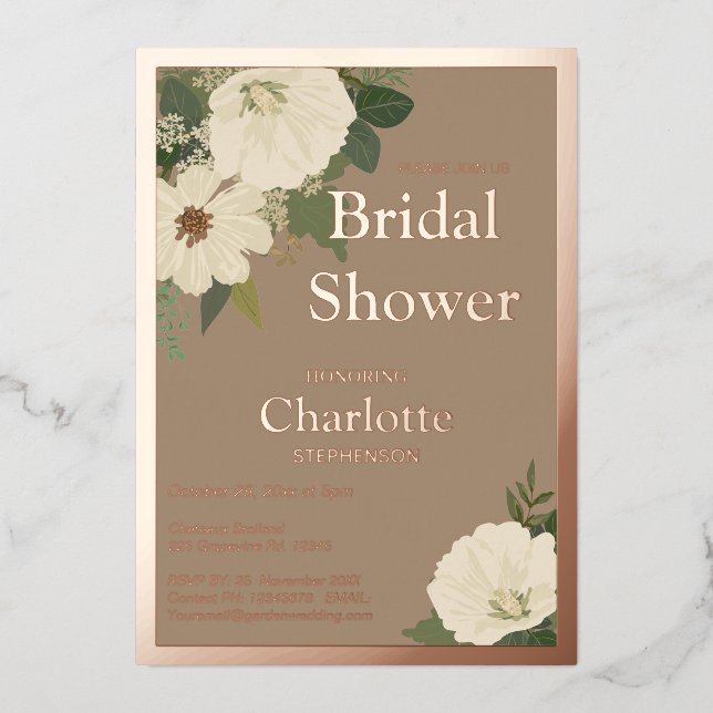 Invitación Con Relieve Metalizado Elegante Floral Blanca Floral Flores Bridal Shower (Anverso)