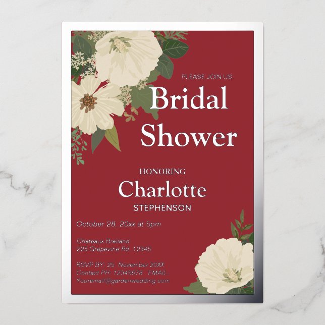 Invitación Con Relieve Metalizado Elegante Floral Blanco Floral Flores Bridal Ducha  (Anverso)