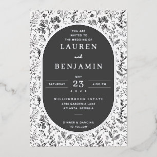 Invitación Con Relieve Metalizado Elegante Floral Botánico Negro