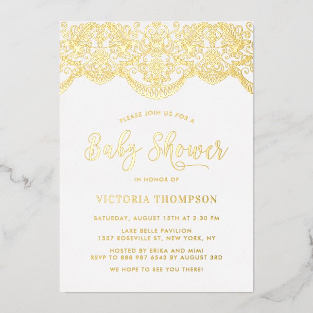 Invitación Con Relieve Metalizado Elegante Floral Brocade Lace Baby Shower (Anverso)