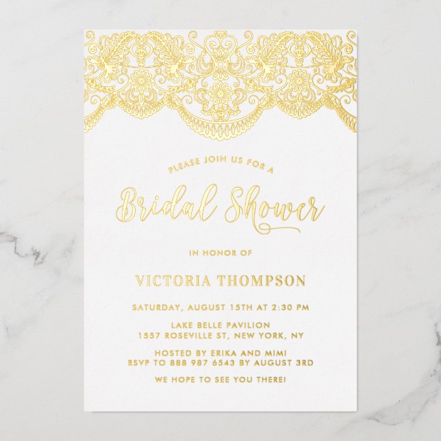 Invitación Con Relieve Metalizado Elegante Floral Brocade Lace Bridal Shower (Anverso)