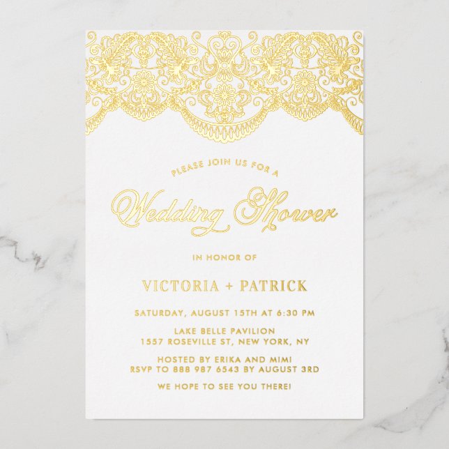 Invitación Con Relieve Metalizado Elegante Floral Brocade Lace Wedding Ducha (Anverso)