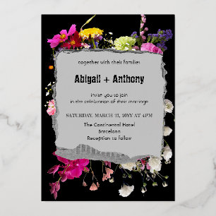 Invitación Con Relieve Metalizado Elegante floral con elegante borde de hormigón