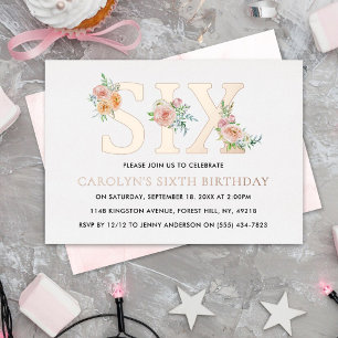Invitación Con Relieve Metalizado Elegante Floral Cumpleaños SEXTO 6 Real