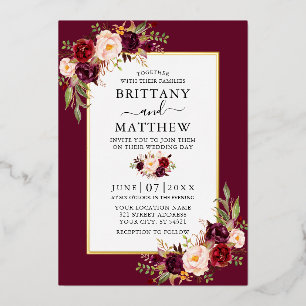 Invitación Con Relieve Metalizado Elegante Floral de Acuarela para Boda Burgundy Gol