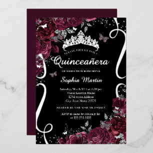 Invitación Con Relieve Metalizado Elegante Floral de Burgundy Quinceanera