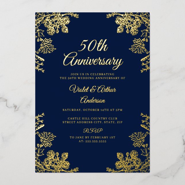 Invitación Con Relieve Metalizado Elegante floral de oro 50° aniversario Boda (Anverso)