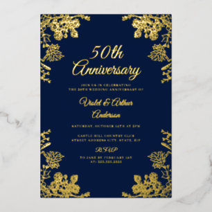 Invitación Con Relieve Metalizado Elegante Floral de Oro 50 Aniversario de Boda