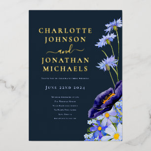 Invitación Con Relieve Metalizado Elegante floral de verano azul marino y dorado