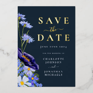 Invitación Con Relieve Metalizado Elegante Floral de Verano Bodas de Azul Marino Dor