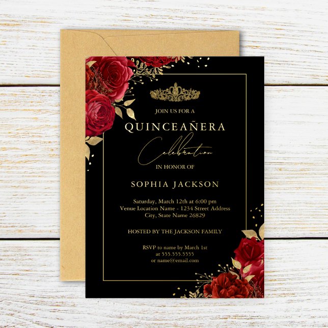 Invitación Con Relieve Metalizado Elegante Floral dorada roja Tiara Quinceanera (Subido por el creador)