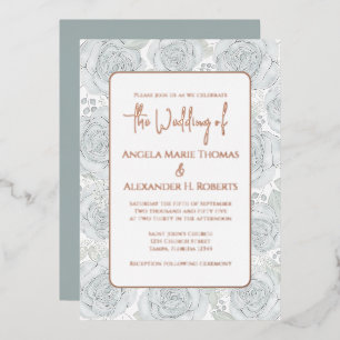 Invitación Con Relieve Metalizado Elegante floral Dusty Azul Rosa Flores