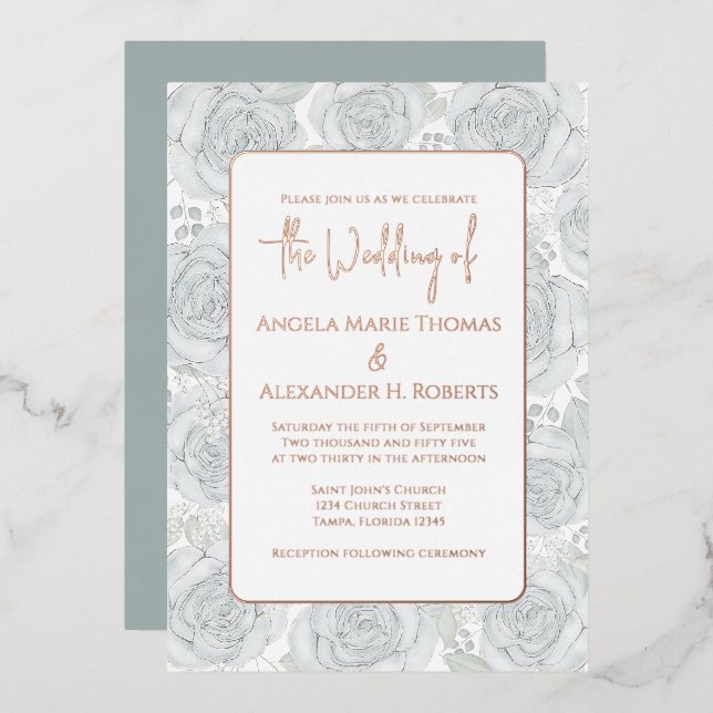 Invitación Con Relieve Metalizado Elegante floral Dusty Azul Rosa Flores (Anverso/Reverso)