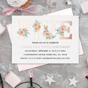 Invitación Con Relieve Metalizado Elegante Floral FIVE 5to Cumpleaños Real