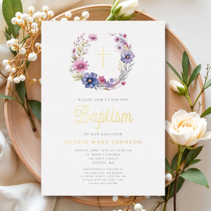 Invitación Con Relieve Metalizado Elegante floral floral flor baptismo religioso cru
