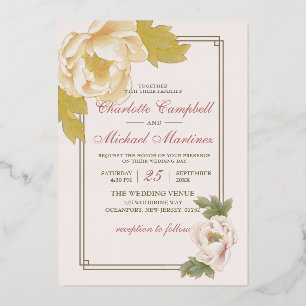Invitación Con Relieve Metalizado Elegante floral Gentle Peonies Rosa Invitat Boda