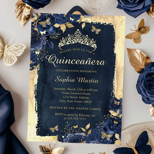 Invitación Con Relieve Metalizado Elegante Floral Mariposa Marina Oro Quinceanera (Subido por el creador)