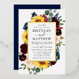 Invitación Con Relieve Metalizado Elegante Floral Mixta Acuarela Boda Azul Dorado