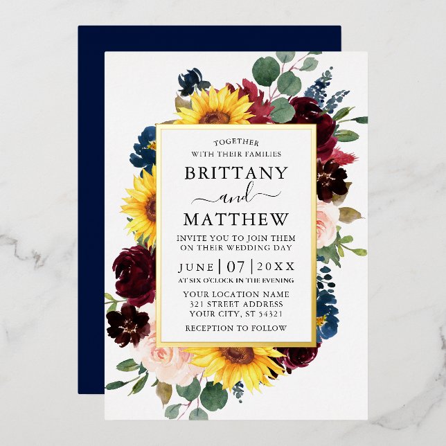 Invitación Con Relieve Metalizado Elegante Floral Mixta Bodas Aquarela Azul Dorado (Anverso/Reverso)