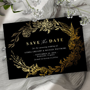 Invitación Con Relieve Metalizado Elegante Floral Moderna en Negro y Dorado para Gua