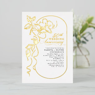 Invitación Con Relieve Metalizado Elegante Floral Moderno Aniversario de Boda Dorado