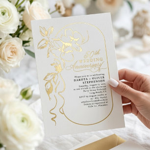 Invitación Con Relieve Metalizado Elegante Floral Moderno Aniversario de Boda Dorado