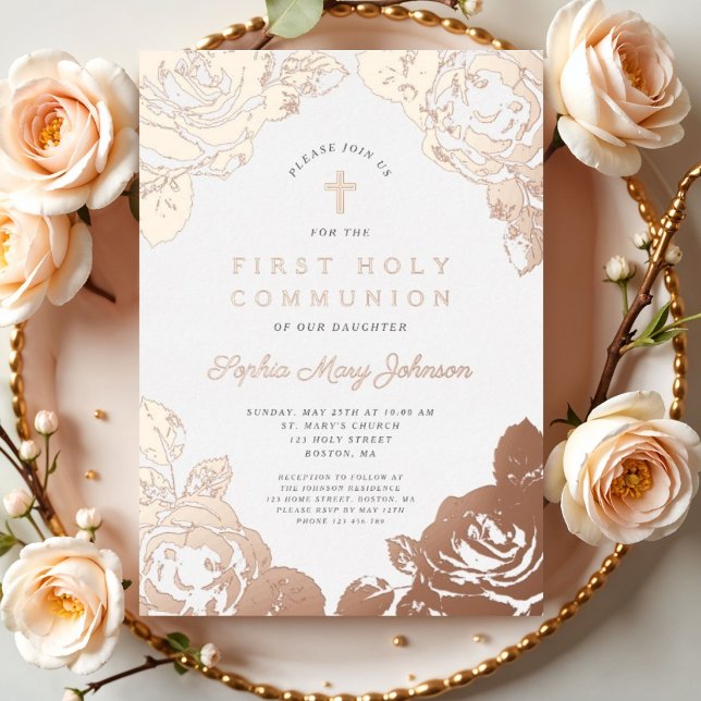 Invitación Con Relieve Metalizado Elegante floral Primer Rosa de la Comunión (Elegant Floral First Communion Rose Gold Foil Invitation)