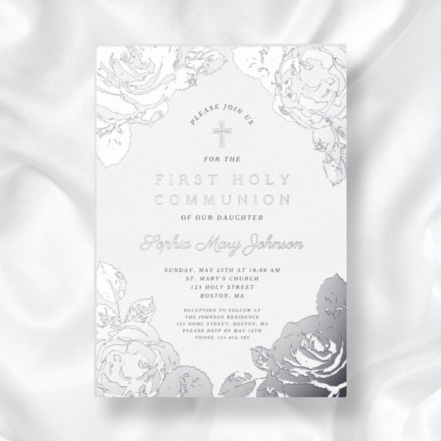 Invitación Con Relieve Metalizado Elegante floral primera comunión plateada (Elegant Floral First Communion Silver Foil Invitation)