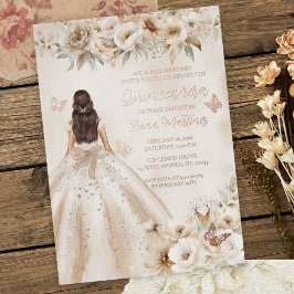Invitación Con Relieve Metalizado Elegante Floral Quinceañera Watercolor Ballgown