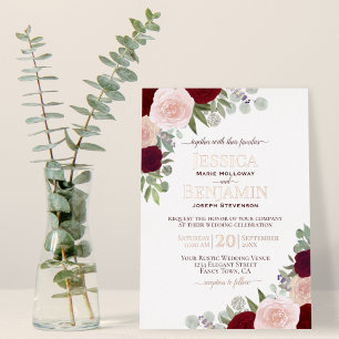 Invitación Con Relieve Metalizado Elegante Floral Roja y Rosa con Boda de Oro Rosa