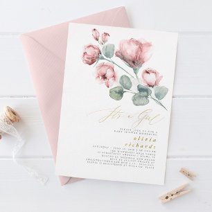 Invitación Con Relieve Metalizado Elegante Floral Rosa Polvoriento Es una Niña Baby
