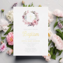 Elegante Floral Rosa Religioso Bautizo de Niña 