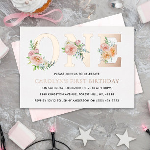Invitación Con Relieve Metalizado Elegante Floral UNO Primer Cumpleaños Real