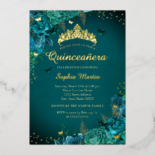Invitación Con Relieve Metalizado Elegante Floral Vibrante Mariposa Quinceañera Teal