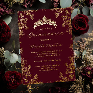 Invitación Con Relieve Metalizado Elegante Floral Vintage Quinceañera Burgundy Oro