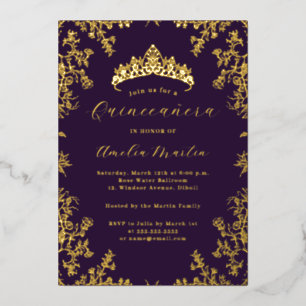 Invitación Con Relieve Metalizado Elegante Floral Vintage Quinceañera Dorado Púrpura