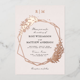 Invitación Con Relieve Metalizado elegante floral y caligrafía en rosa oro