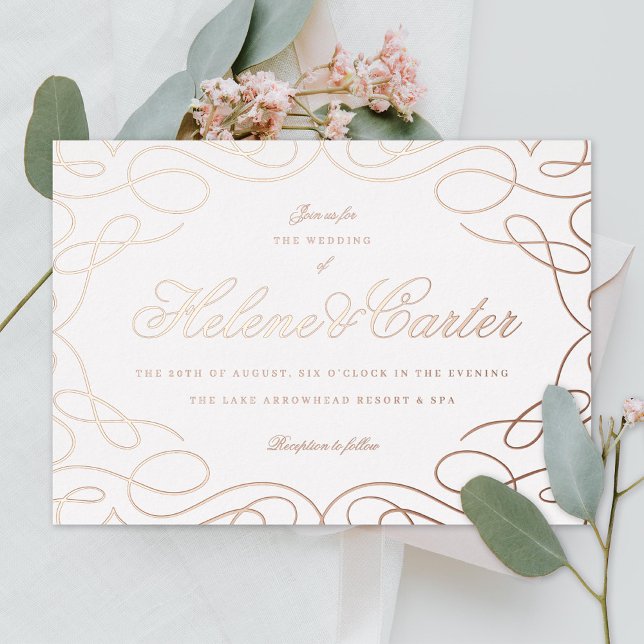 Invitación Con Relieve Metalizado Elegante Florecimiento Boda Caligrafía Rosa Oro (Subido por el creador)