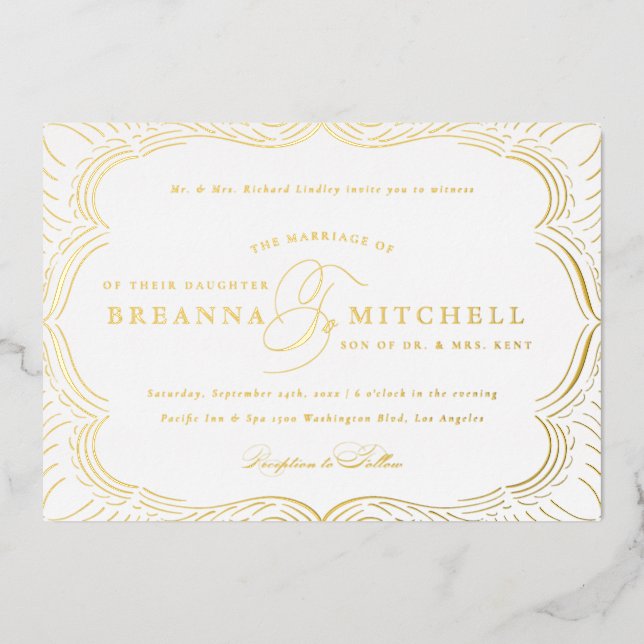 Invitación Con Relieve Metalizado Elegante Florencia Oro Boda Formal (Anverso)