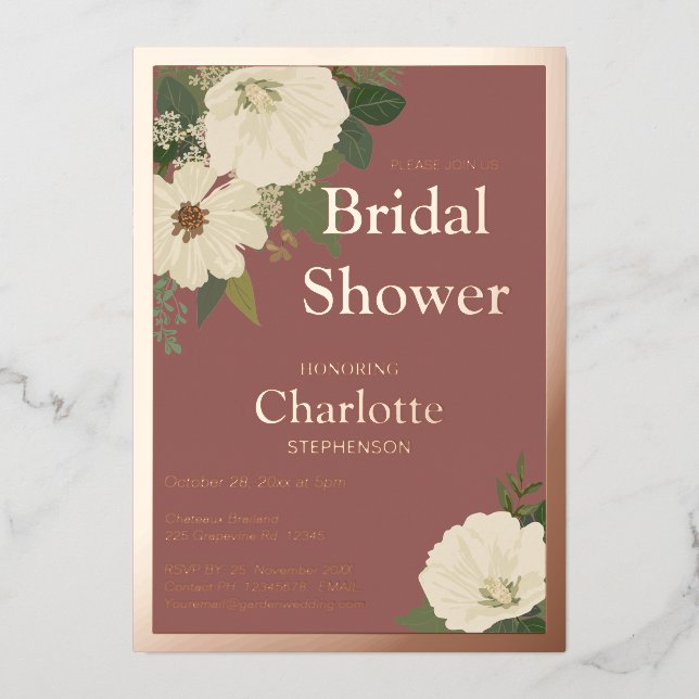Invitación Con Relieve Metalizado Elegante Flores Blancas Bridal Shower Terracota y (Anverso)