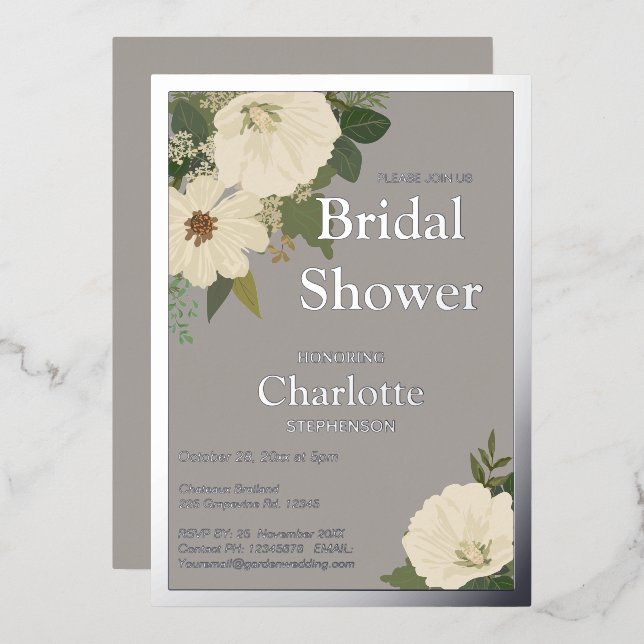 Invitación Con Relieve Metalizado Elegante Flores Blancas Ducha Bridal Neutral y F (Anverso/Reverso)