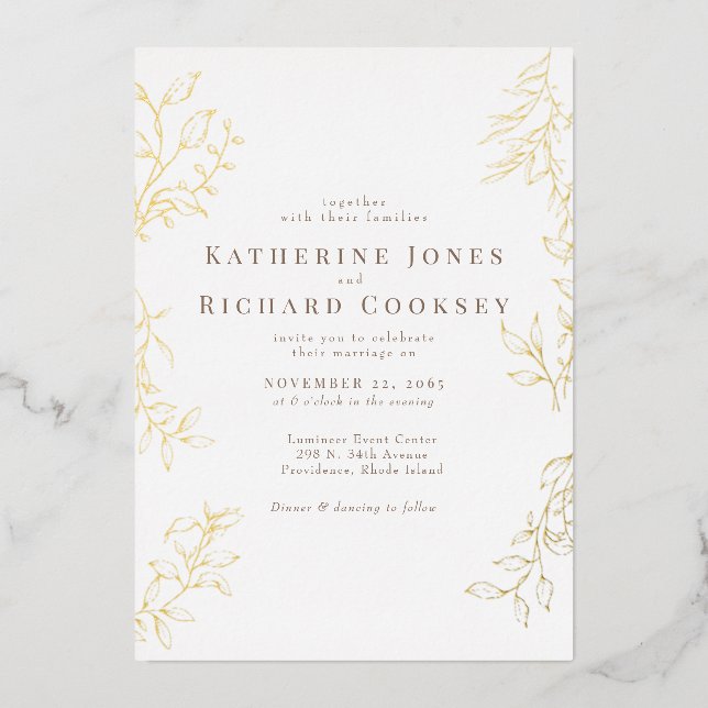 Invitación Con Relieve Metalizado Elegante Foliage White Boda Gold (Anverso)