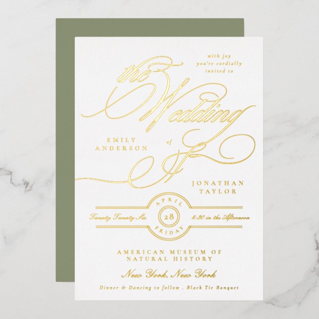 Invitación Con Relieve Metalizado Elegante formal caligrafía de oro Sage Boda blanco (Anverso/Reverso)