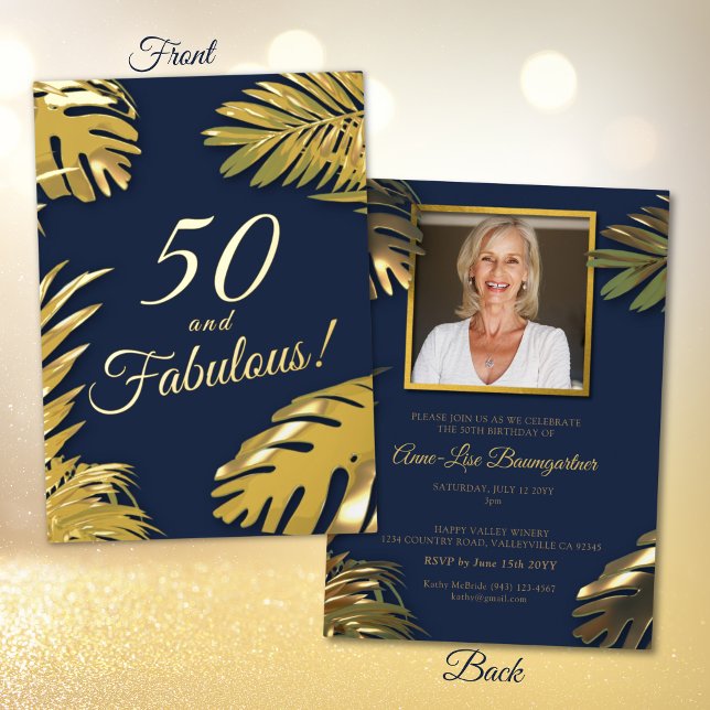 Invitación Con Relieve Metalizado Elegante foto azul dorado 50 cumpleaños fabuloso (Subido por el creador)