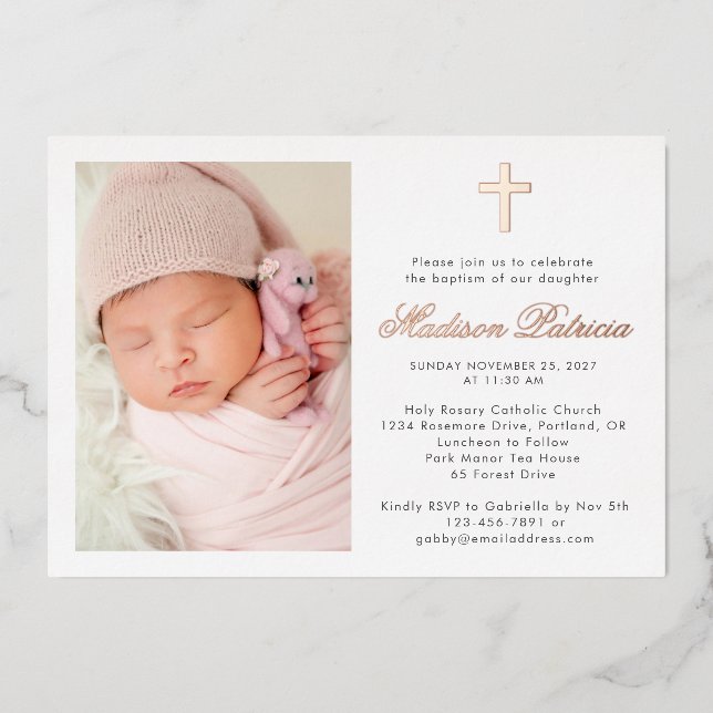 Invitación Con Relieve Metalizado Elegante Foto Bautizo Oro Real (Anverso)