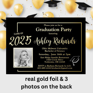 Invitación Con Relieve Metalizado Elegante foto Black Gold Graduation Party Real