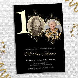 Invitación Con Relieve Metalizado Elegante foto blanco negro cumpleaños número 100